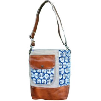 Clea Ray Blue Flower Shoulder Bag w/ Leather 12"x 4"x 13"