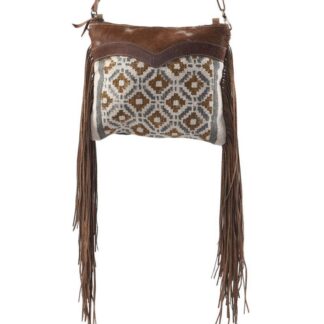 Clea Ray Crossbody Canvas Bag Brown & Blue Fringe w/ Fur