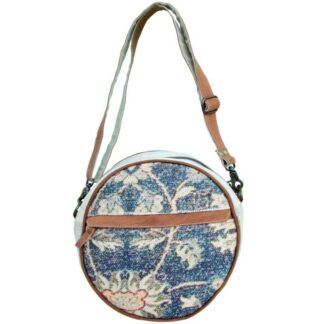 Clea Ray Round Blue Floral Rug Shoulder Bag 10.75" x 4.5"