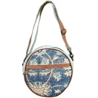 Clea Ray Round Blue Floral Rug Shoulder Bag 10.75" x 4.5"