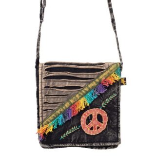 Crossbody Razor-Cut Black Peace Fringe Shoulder Bag 8" x 8"
