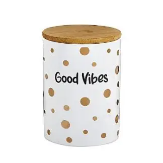 Deluxe Canister Stash Jar Good Vibes White w/ Gold Dots