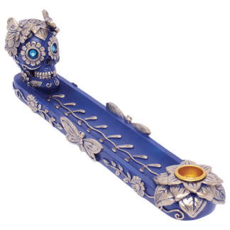 Fujima Golden Blue Skull & Butterfly Incense Burner 11"