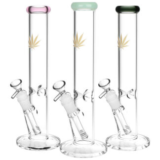 Glass Straight Tube Water Pipe 14mm 12" Gold Hemp Leaf (Colors Vary)