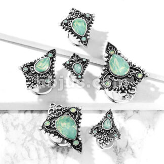 HBJ 316L Double Flare Gauges - Tear Drop Opalite Tribal Shield 1/2"
