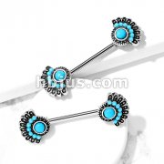 HBJ 316L Nipple Barbell 14g - Antique Silver Turquoise Tribal Fan