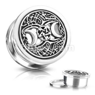 HBJ 316L Screw Fit Plugs Antique Silver Pentagram Triple Moon 9/16"