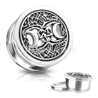 HBJ 316L Screw Fit Plugs Antique Silver Pentagram Triple Moon 9/16"
