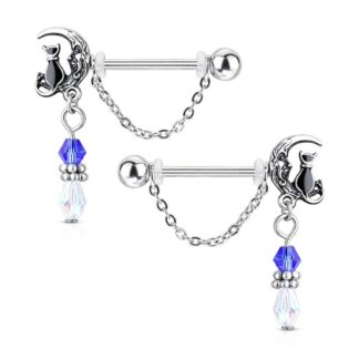 HBJ Surgical Animal Nipple Barbell 14g 9/16" Cat on Moon w/Dangle Chain