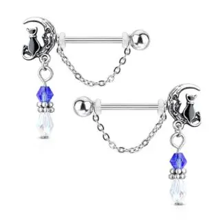 HBJ Surgical Animal Nipple Barbell 14g 9/16" Cat on Moon w/Dangle Chain