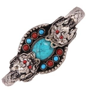 Kathmandu White Metal Bracelet with Coral and Turquoise Stones