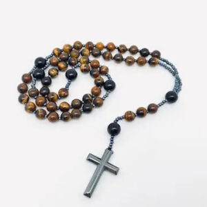Mio Queena Tiger's Eye Stone Black Agate Beaded Cross Charm Necklace