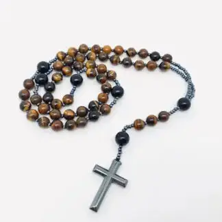 Mio Queena Tiger's Eye Stone Black Agate Beaded Cross Charm Necklace