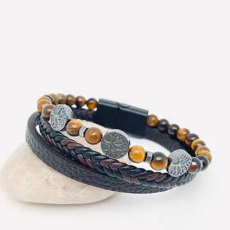 Mio Queena Tree of Life Tiger's Eye Beaded Leather Bracelet, Magnet Clasp