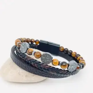 Mio Queena Tree of Life Tiger's Eye Beaded Leather Bracelet, Magnet Clasp