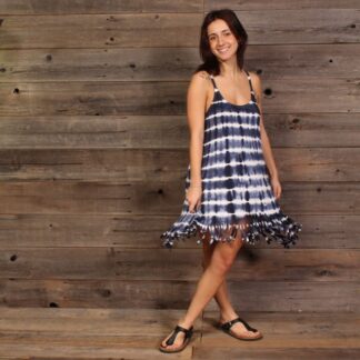 Rayon Spandex Spaghetti Strap Fringe Mini Dress Blue/White TD L