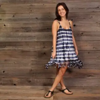 Rayon Spandex Spaghetti Strap Fringe Mini Dress Blue/White TD L
