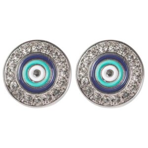 Silver Evil Eye Earrings with Rhinestones and Dark Blue Middle