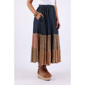 Sacred Threads Sundrift Sepia Tiered Denim Patchwork Skirt