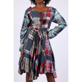 Sacred Threads Lace-Up Plaid Patchwork Dress