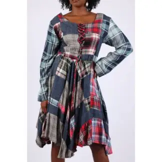 Sacred Threads Lace-Up Plaid Patchwork Dress