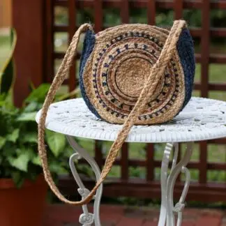 Sacred Threads Round Jute Bag Aztec Blue