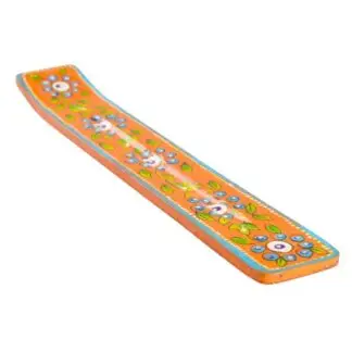 Handpainted Wood Incense Ashcatcher 10" Orange w/ Flowers